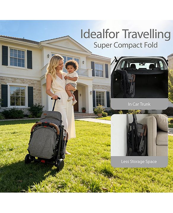 Babyhug Compact Fold Baby Stroller with Trolley Handle & Linked Brake | One-Hand Fold| 5-Point Harness| Multi-Recline Seat| Shock Absorbing Wheels| Concealed Linked Brake  Blue