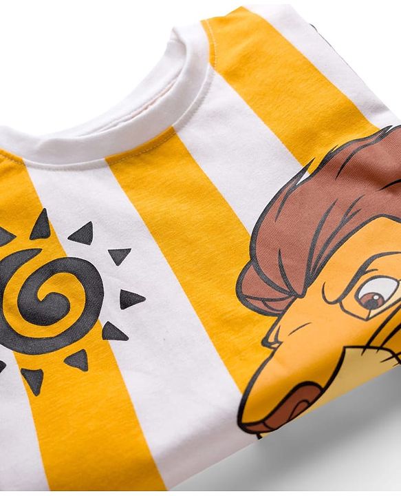 Pine Kids Disney Single Jersey Knit Drop Shoulder Half Sleeves Striped Oversized T-Shirt & Shorts Set with Lion King Graphic - Multicolor
