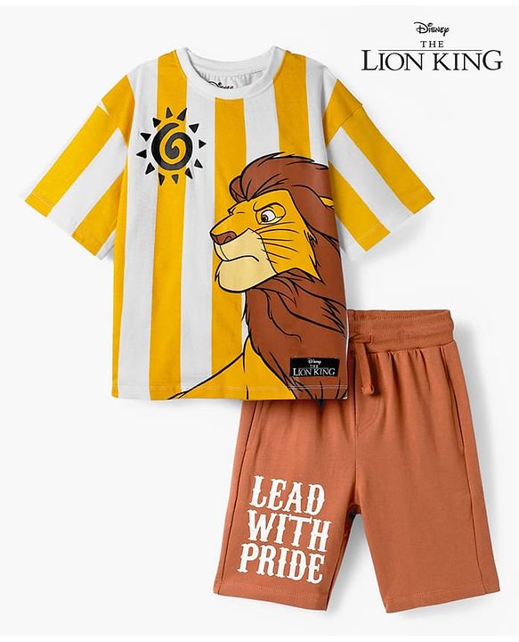 Pine Kids Disney Single Jersey Knit Drop Shoulder Half Sleeves Striped Oversized T-Shirt & Shorts Set with Lion King Graphic - Multicolor