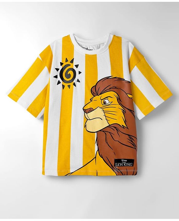 Pine Kids Disney Single Jersey Knit Drop Shoulder Half Sleeves Striped Oversized T-Shirt & Shorts Set with Lion King Graphic - Multicolor