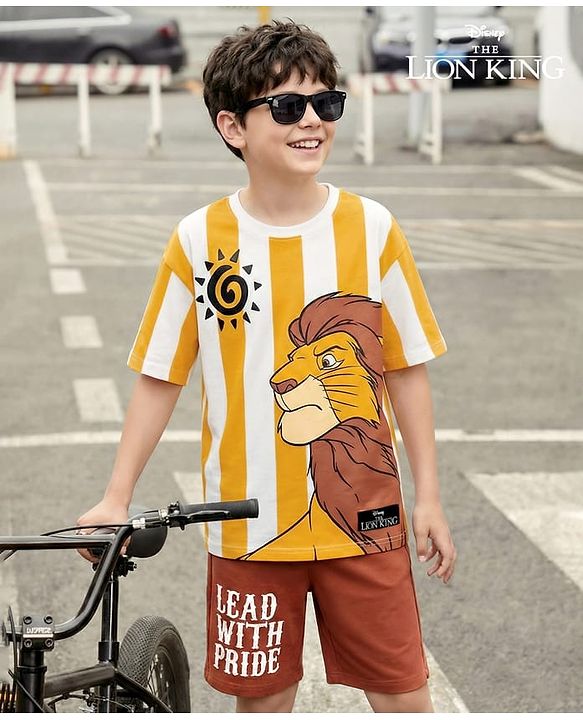 Pine Kids Disney Single Jersey Knit Drop Shoulder Half Sleeves Striped Oversized T-Shirt & Shorts Set with Lion King Graphic - Multicolor