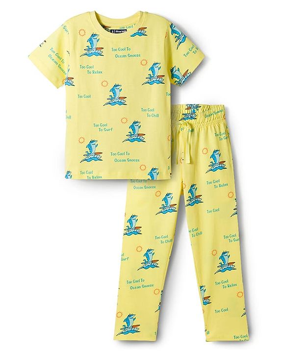 Pine Kids Single Jersey Knit Half Sleeves Co-ords Night Suit With Shark Print - Yellow