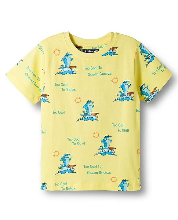 Pine Kids Single Jersey Knit Half Sleeves Co-ords Night Suit With Shark Print - Yellow