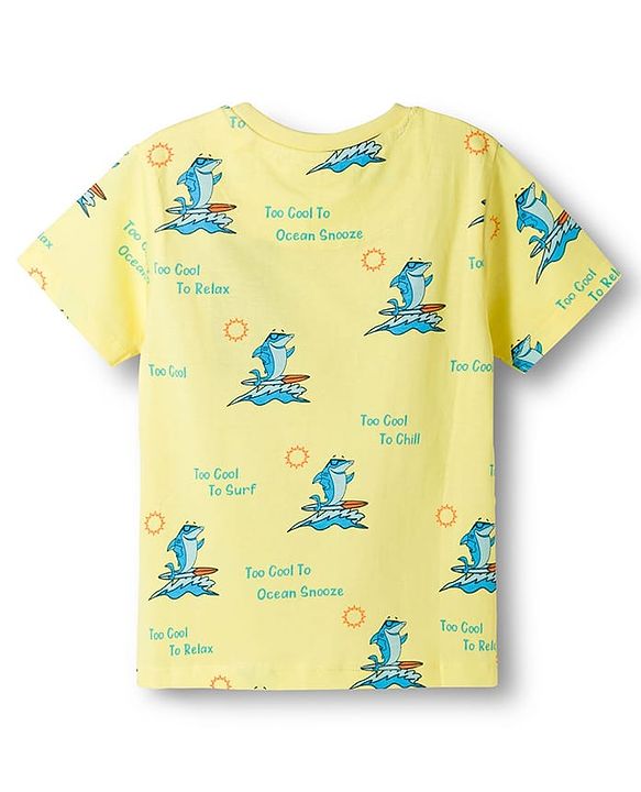 Pine Kids Single Jersey Knit Half Sleeves Co-ords Night Suit With Shark Print - Yellow