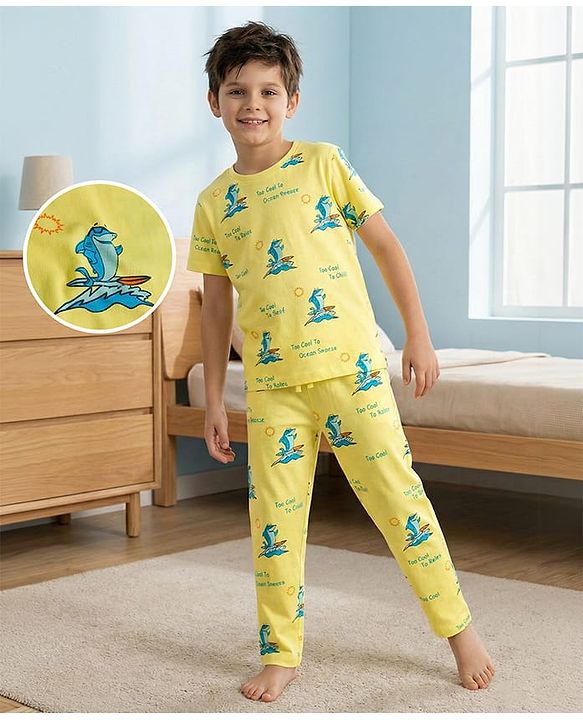 Pine Kids Single Jersey Knit Half Sleeves Co-ords Night Suit With Shark Print - Yellow