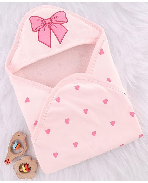 Babyhug Cotton Knit Hooded Towel With Bow Embroidery & Hearts Print - Light Pink