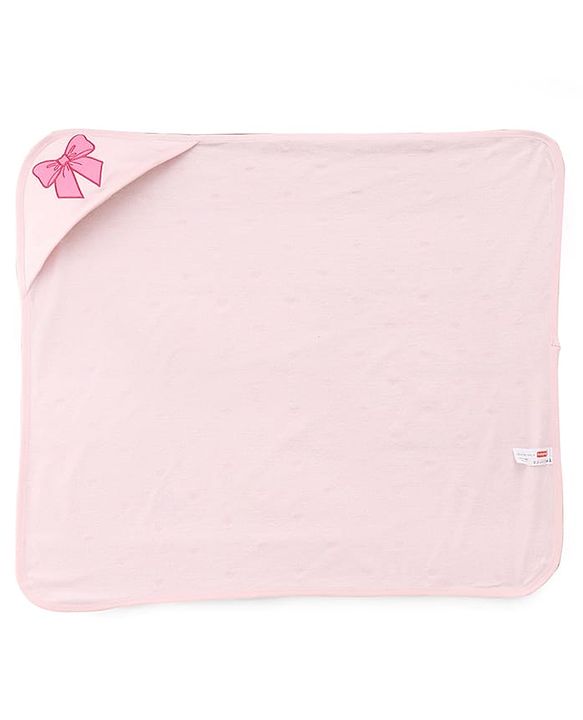 Babyhug Cotton Knit Hooded Towel With Bow Embroidery & Hearts Print - Light Pink