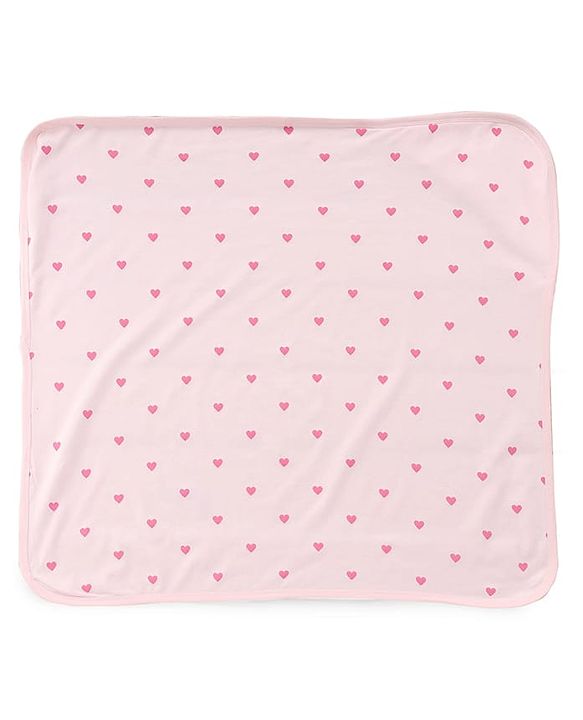 Babyhug Cotton Knit Hooded Towel With Bow Embroidery & Hearts Print - Light Pink