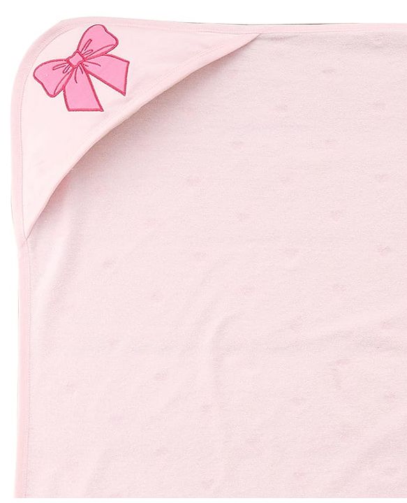 Babyhug Cotton Knit Hooded Towel With Bow Embroidery & Hearts Print - Light Pink