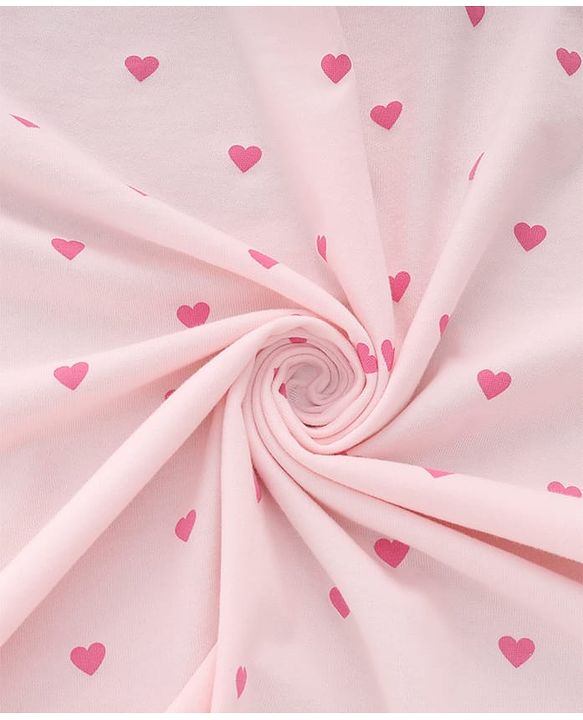 Babyhug Cotton Knit Hooded Towel With Bow Embroidery & Hearts Print - Light Pink
