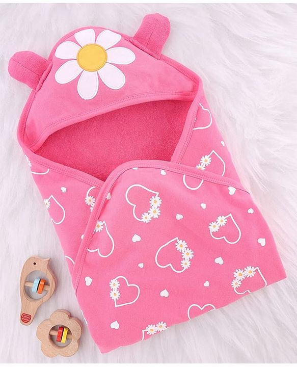Babyhug Cotton Knit Hooded Wrapper With Floral Print L 65 x B 61 cm - Pink