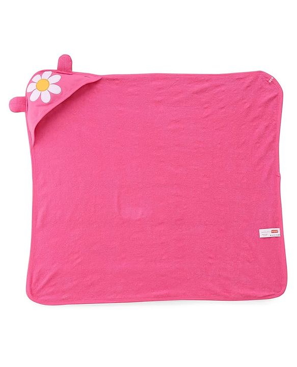 Babyhug Cotton Knit Hooded Wrapper With Floral Print L 65 x B 61 cm - Pink