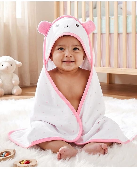 Babyhug Cotton Knit Hooded Wrapper with Polka Dots Print & Applique L 65  X B 61 cm  -  Pink