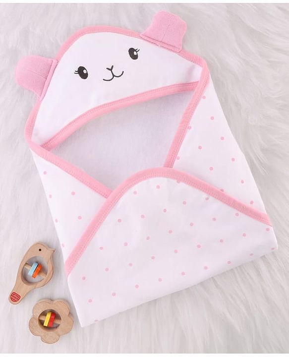 Babyhug Cotton Knit Hooded Wrapper with Polka Dots Print & Applique L 65  X B 61 cm  -  Pink