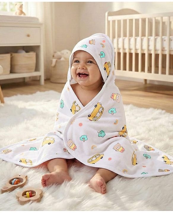 Babyhug Cotton Knit Hooded Wrapper With Vehicles Print L 65 x B 61 cm - White