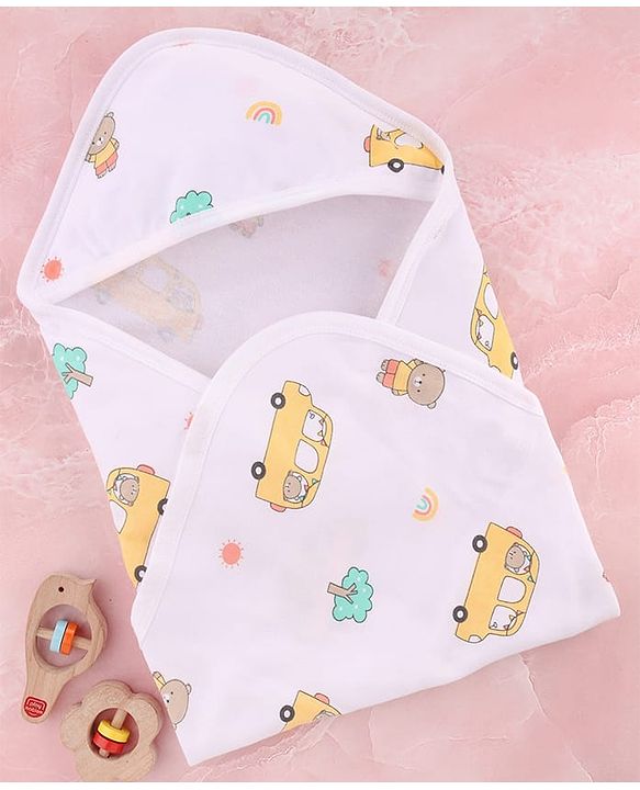 Babyhug Cotton Knit Hooded Wrapper With Vehicles Print L 65 x B 61 cm - White