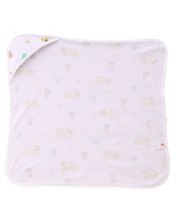 Babyhug Cotton Knit Hooded Wrapper With Vehicles Print L 65 x B 61 cm - White
