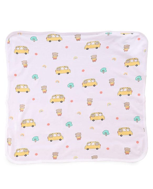 Babyhug Cotton Knit Hooded Wrapper With Vehicles Print L 65 x B 61 cm - White