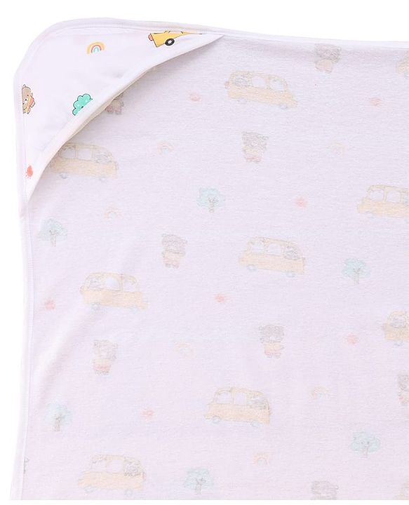 Babyhug Cotton Knit Hooded Wrapper With Vehicles Print L 65 x B 61 cm - White