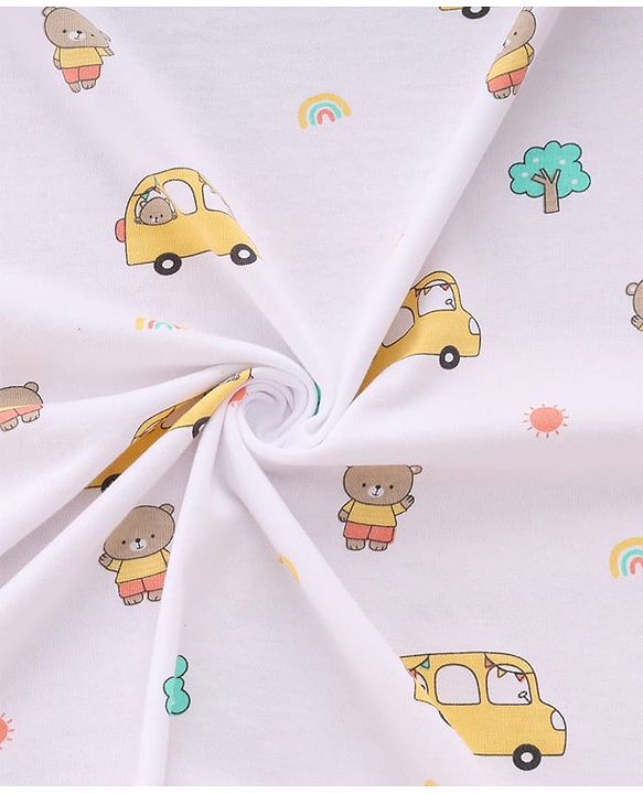 Babyhug Cotton Knit Hooded Wrapper With Vehicles Print L 65 x B 61 cm - White