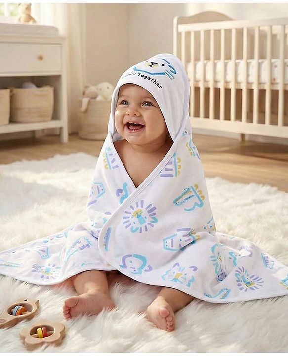 Babyhug Cotton Knit Hooded Wrapper With Animal Print  L 65 x B 61 cm - White