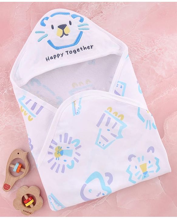 Babyhug Cotton Knit Hooded Wrapper With Animal Print  L 65 x B 61 cm - White