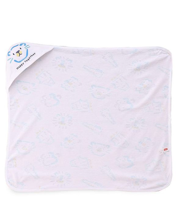 Babyhug Cotton Knit Hooded Wrapper With Animal Print  L 65 x B 61 cm - White