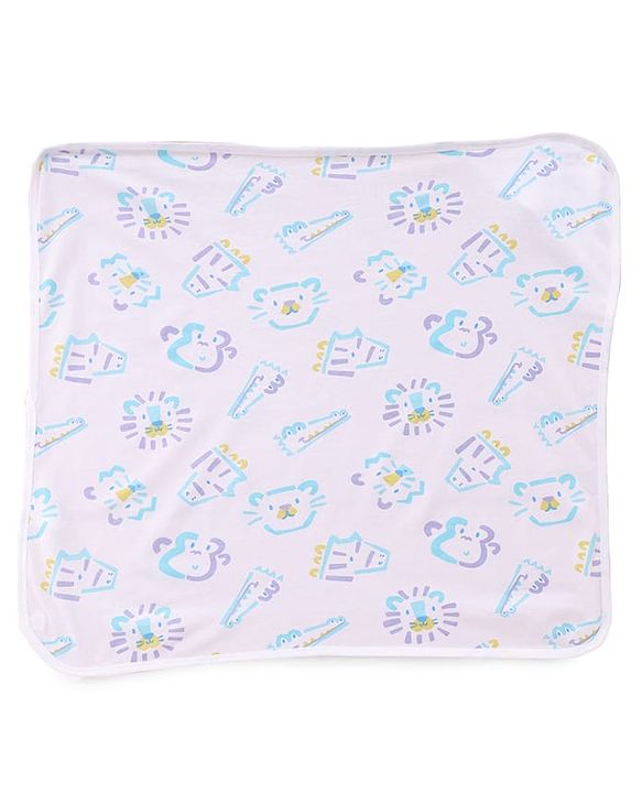 Babyhug Cotton Knit Hooded Wrapper With Animal Print  L 65 x B 61 cm - White