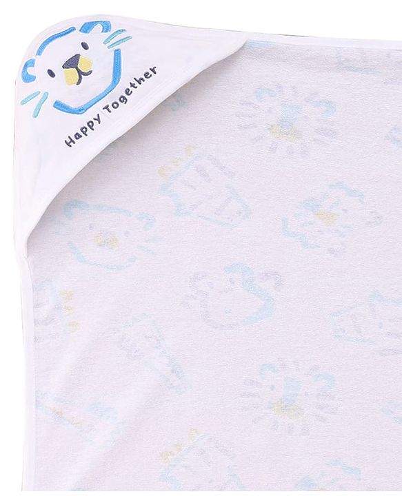 Babyhug Cotton Knit Hooded Wrapper With Animal Print  L 65 x B 61 cm - White