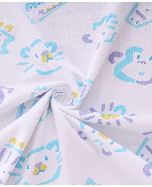 Babyhug Cotton Knit Hooded Wrapper With Animal Print  L 65 x B 61 cm - White