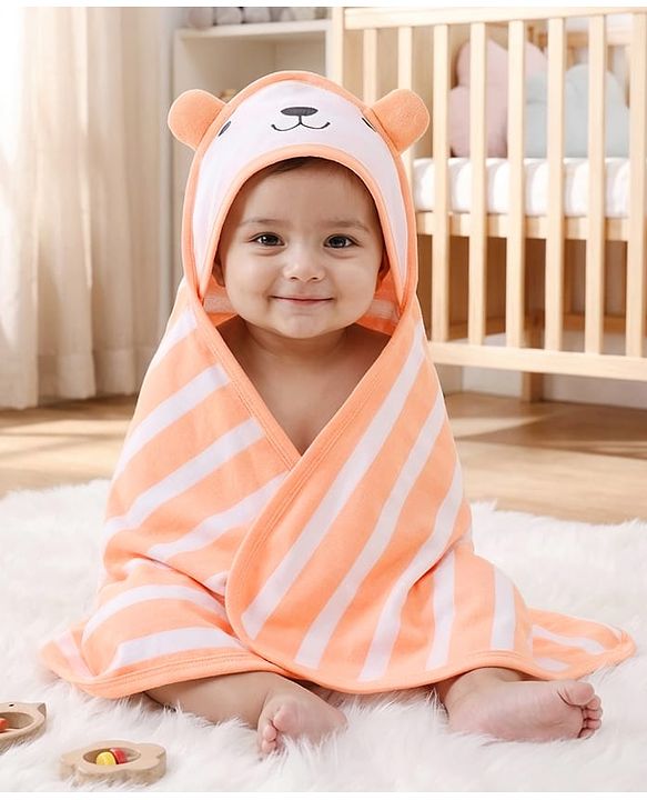 Babyhug Cotton Knit Striped Hooded Wrapper with Ear Applique L 65  X B 61 cm - Peach