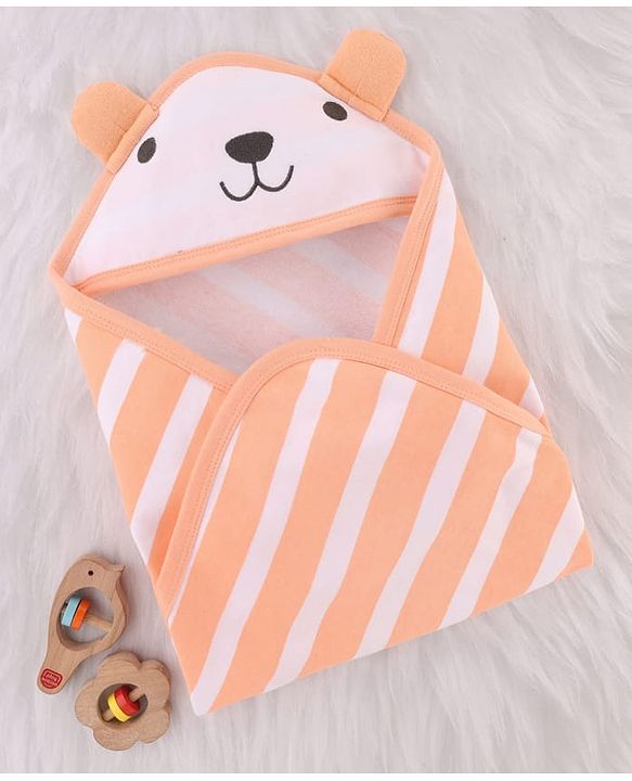 Babyhug Cotton Knit Striped Hooded Wrapper with Ear Applique L 65  X B 61 cm - Peach