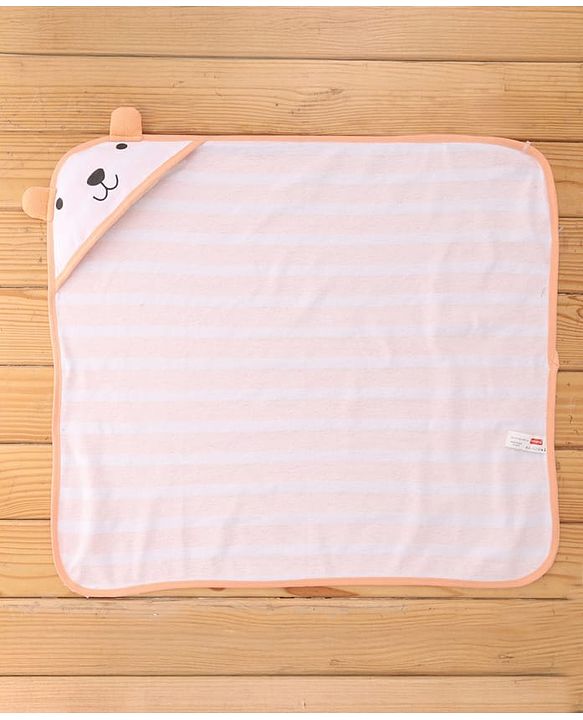Babyhug Cotton Knit Striped Hooded Wrapper with Ear Applique L 65  X B 61 cm - Peach