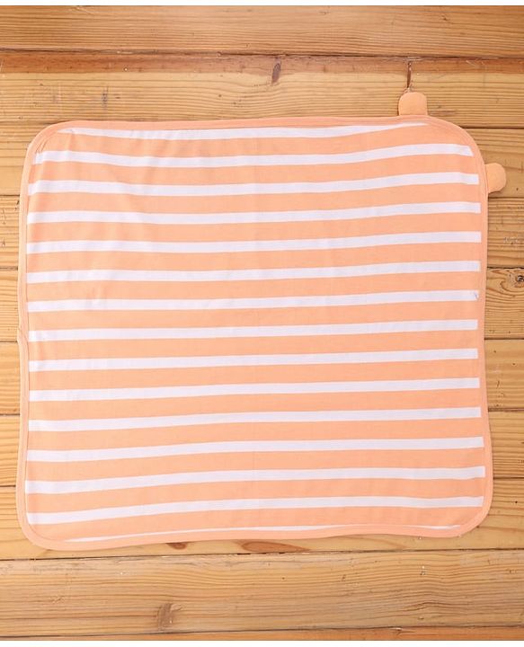 Babyhug Cotton Knit Striped Hooded Wrapper with Ear Applique L 65  X B 61 cm - Peach