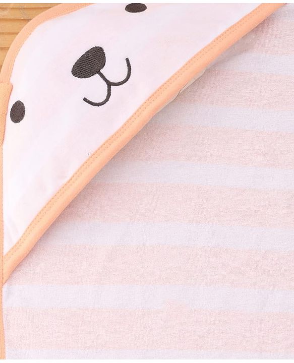 Babyhug Cotton Knit Striped Hooded Wrapper with Ear Applique L 65  X B 61 cm - Peach