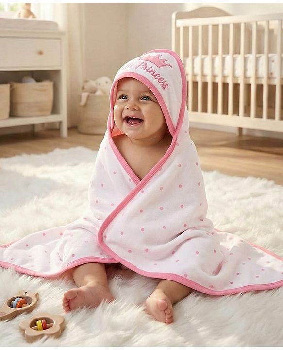 Babyhug Cotton Knit Hooded Wrapper Polka Dots Print  L 65 x B 61 cm - Pink