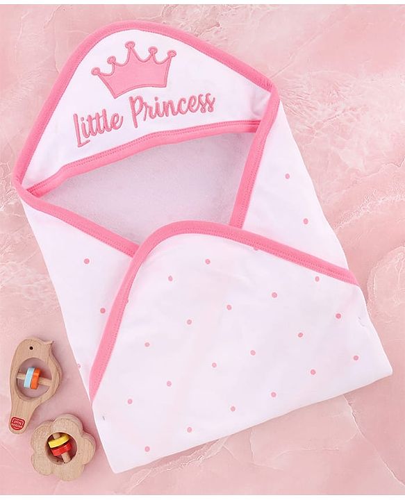 Babyhug Cotton Knit Hooded Wrapper Polka Dots Print  L 65 x B 61 cm - Pink