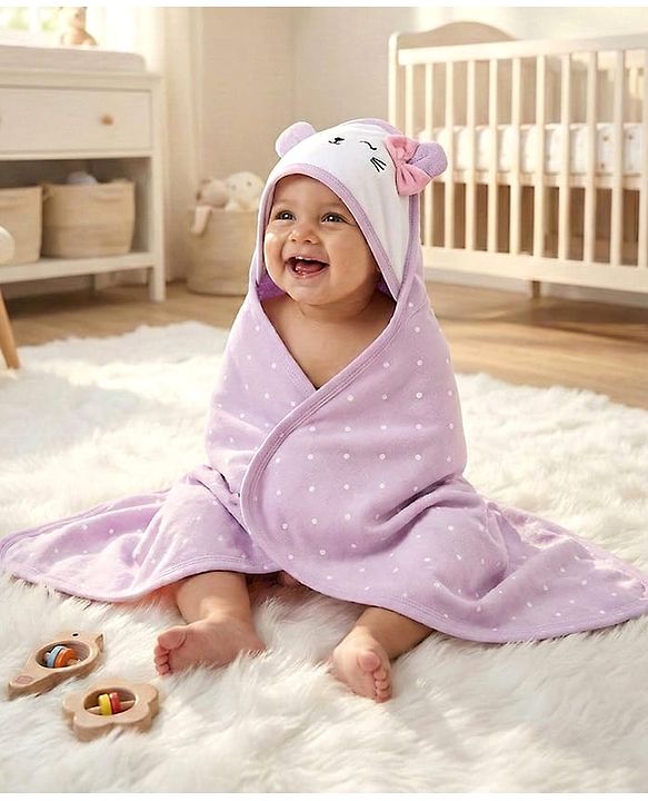 Babyhug Cotton Knit Hooded Wrapper With Polka Dots & Bow Applique L 65 x B 61 cm - Lavender