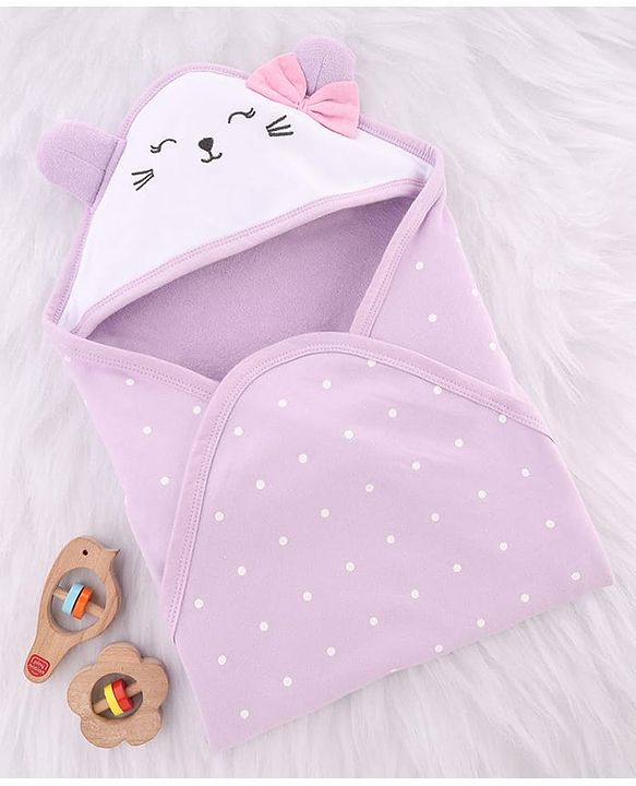 Babyhug Cotton Knit Hooded Wrapper With Polka Dots & Bow Applique L 65 x B 61 cm - Lavender