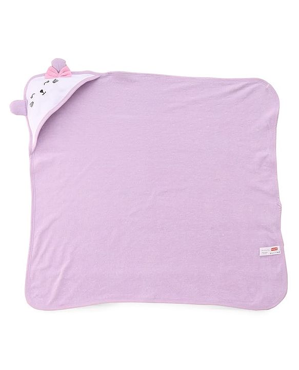 Babyhug Cotton Knit Hooded Wrapper With Polka Dots & Bow Applique L 65 x B 61 cm - Lavender