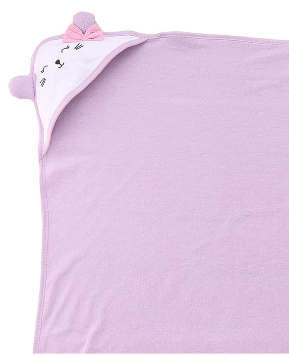 Babyhug Cotton Knit Hooded Wrapper With Polka Dots & Bow Applique L 65 x B 61 cm - Lavender