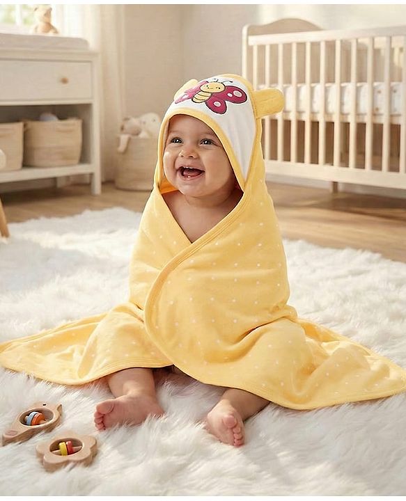 Babyhug Cotton Knit Hooded Wrapper With Butterfly Embroidery & Polka Dots Print L 65 x B 61 cm - Orange