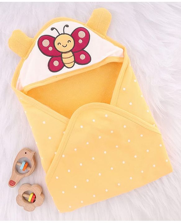 Babyhug Cotton Knit Hooded Wrapper With Butterfly Embroidery & Polka Dots Print L 65 x B 61 cm - Orange