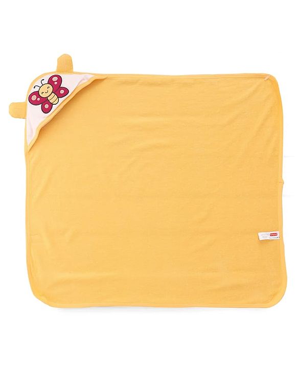 Babyhug Cotton Knit Hooded Wrapper With Butterfly Embroidery & Polka Dots Print L 65 x B 61 cm - Orange
