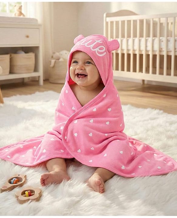 Babyhug Cotton Knit Hooded Wrapper With Hearts Print L 65 x B 61 cm - Pink