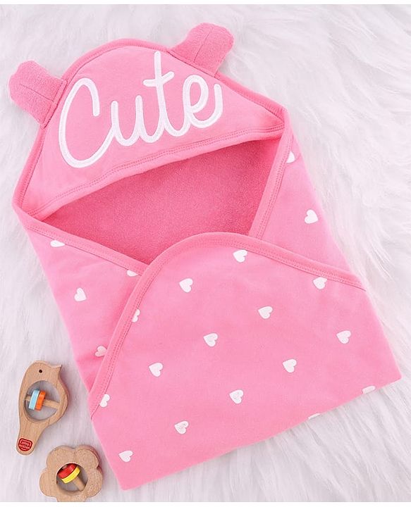 Babyhug Cotton Knit Hooded Wrapper With Hearts Print L 65 x B 61 cm - Pink