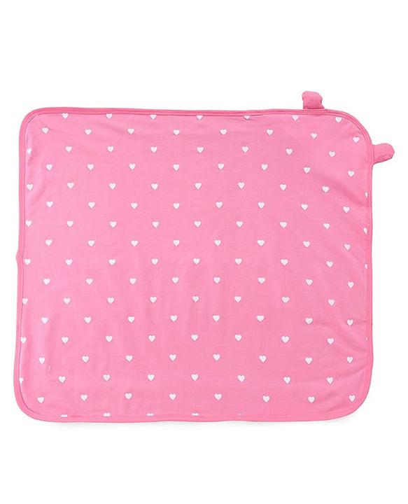 Babyhug Cotton Knit Hooded Wrapper With Hearts Print L 65 x B 61 cm - Pink
