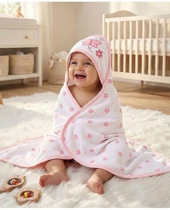 Babyhug Cotton Knit Hooded Towel With Butterfly & Floral Embroidery & Print L 65 x B 61 cm - Lavender