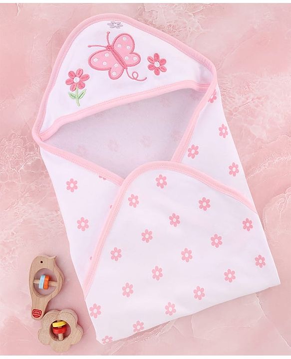 Babyhug Cotton Knit Hooded Towel With Butterfly & Floral Embroidery & Print L 65 x B 61 cm - Lavender
