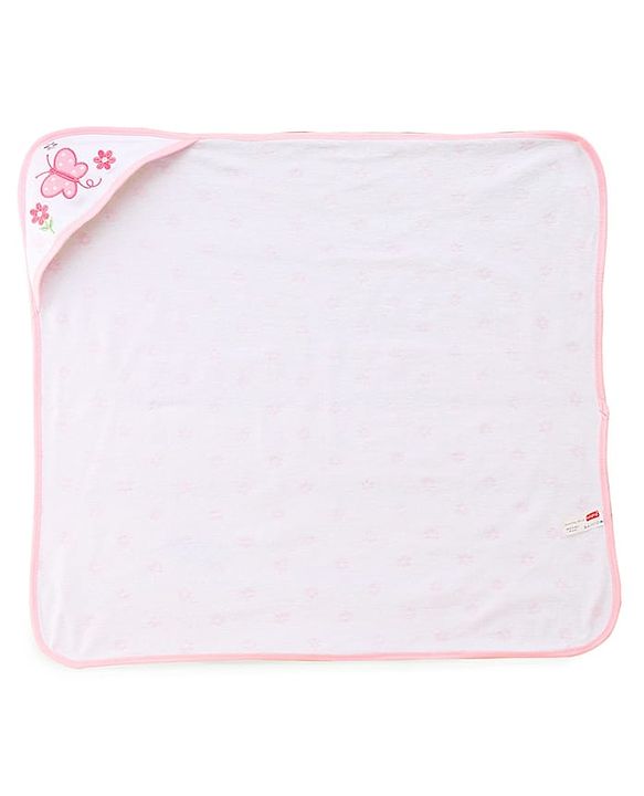 Babyhug Cotton Knit Hooded Towel With Butterfly & Floral Embroidery & Print L 65 x B 61 cm - Lavender